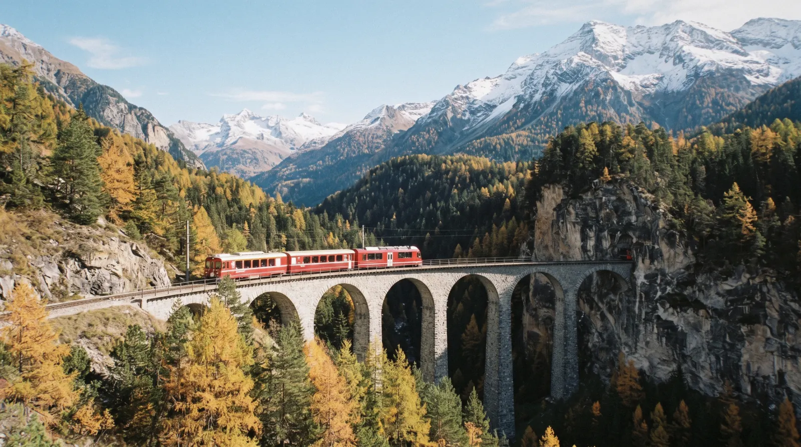 A red metre-gauge train curving across a stone viaduct above an alpine valley on the Bernina Express from Tirano