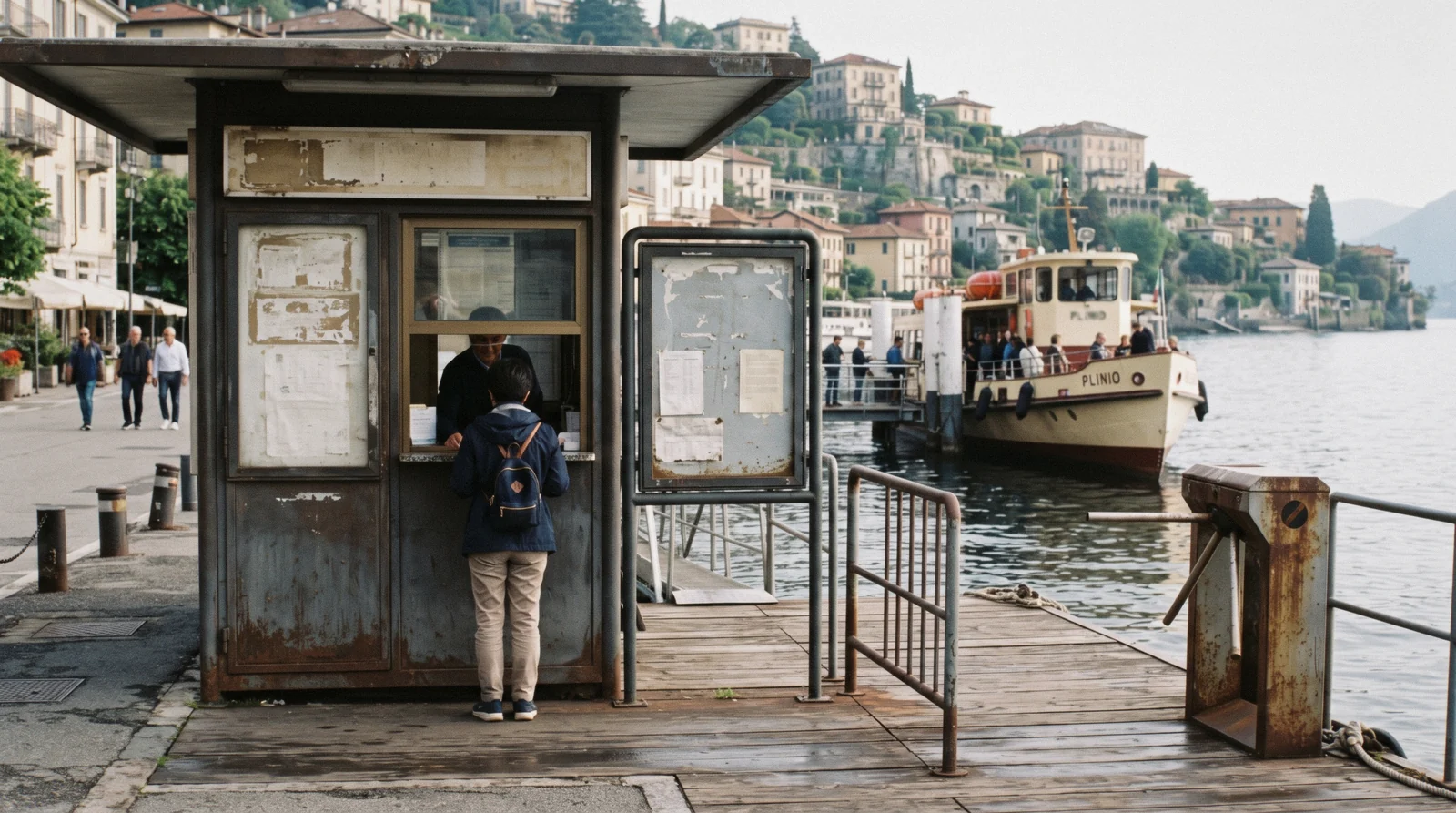 A ticket window and timetable board at a Lake Como landing stage, the booking question at the heart of how far ahead to book Lake Como
