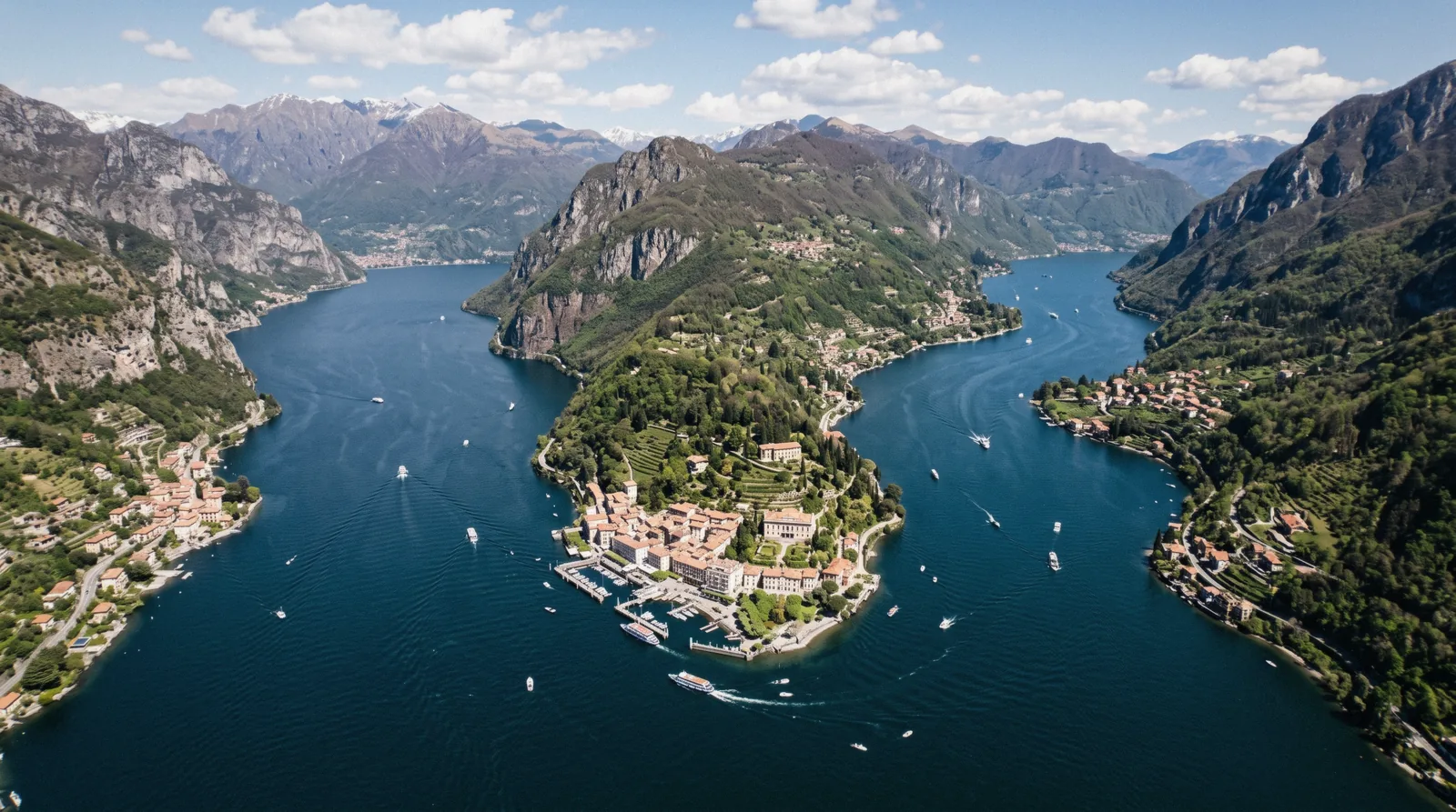 The inverted Y of the lake seen from the air with Bellagio at the fork, the shape this Lake Como map covers