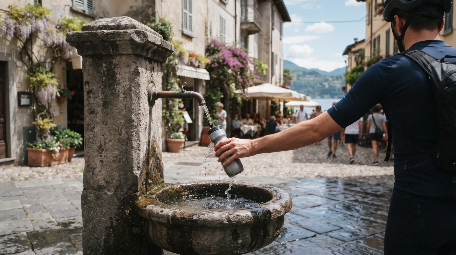 A reusable bottle being refilled at a lakeside village fountain, the everyday answer to whether Lake Como tap water is safe