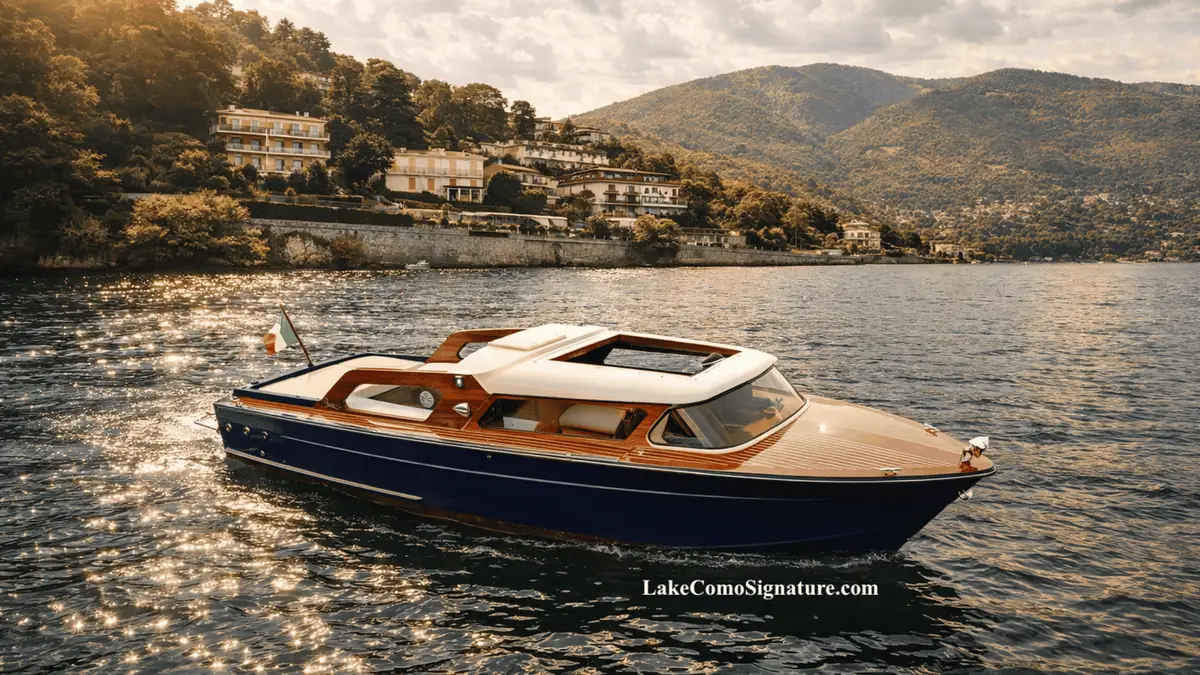 Restored wooden cruise boat on the water off Como on Lake Como