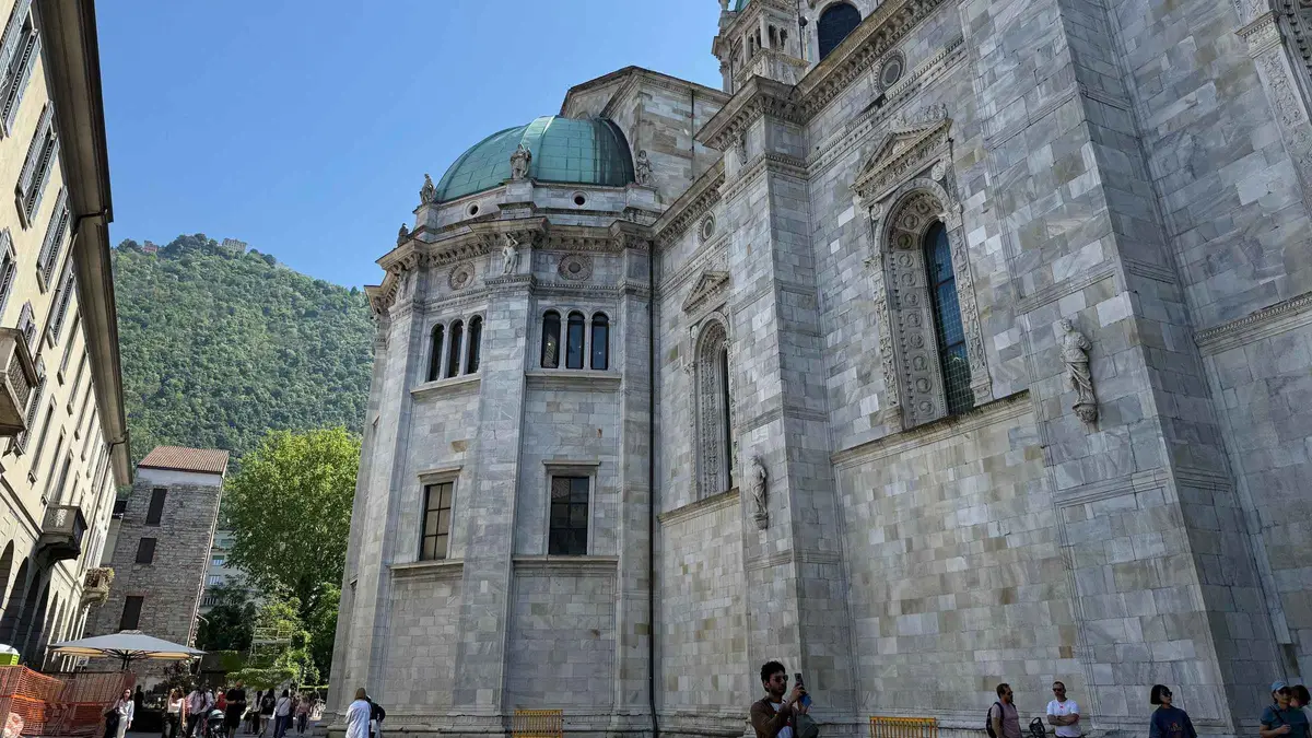 Guided walking group at the Brunate funicular station above Como on Lake Como