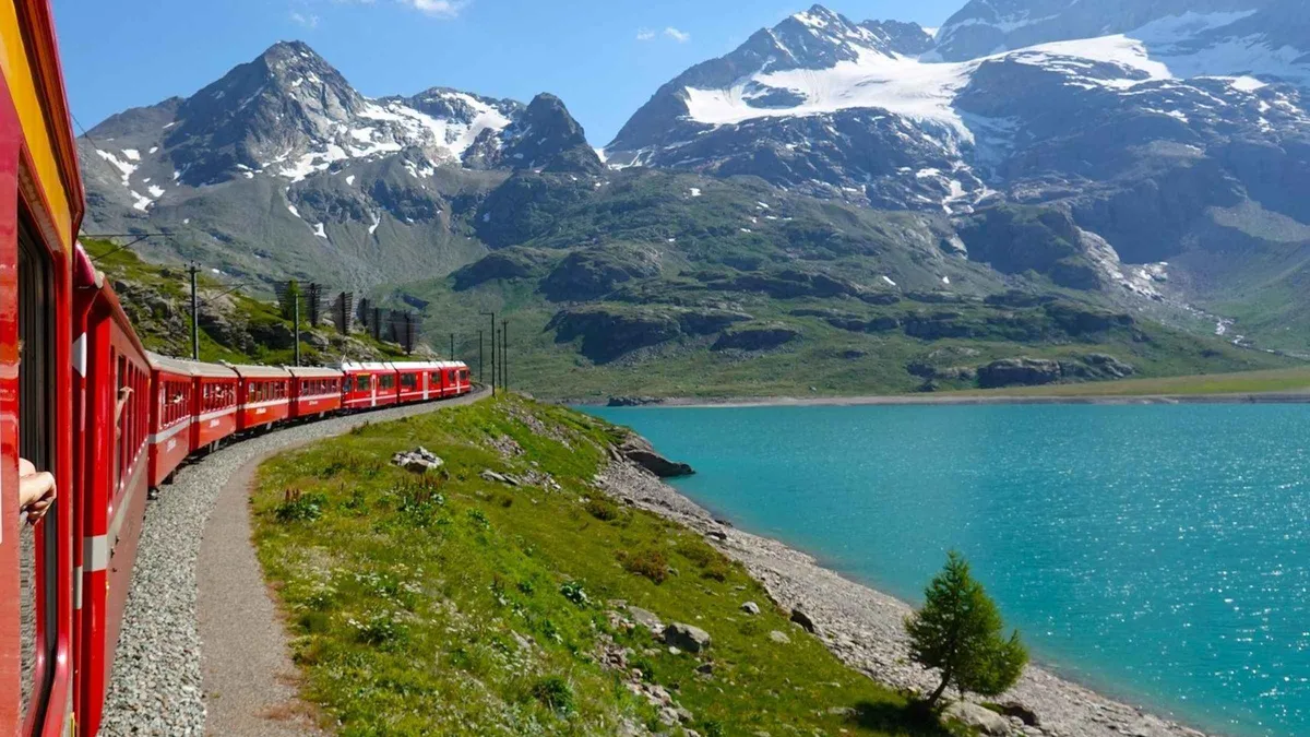 The Bernina Express crossing the Alps on a day trip that starts with a Lake Como cruise