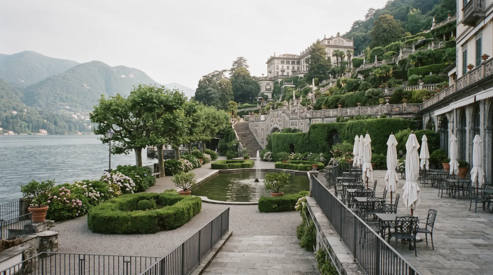 The lakeside facade and terraced gardens of Villa d'Este at Cernobbio on Lake Como